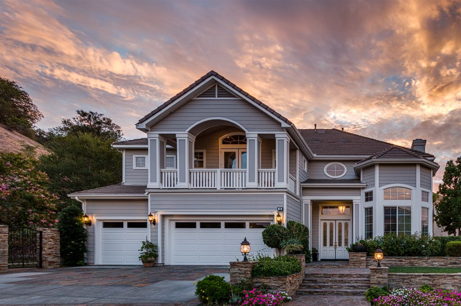 Aerial view of luxury property at twilight